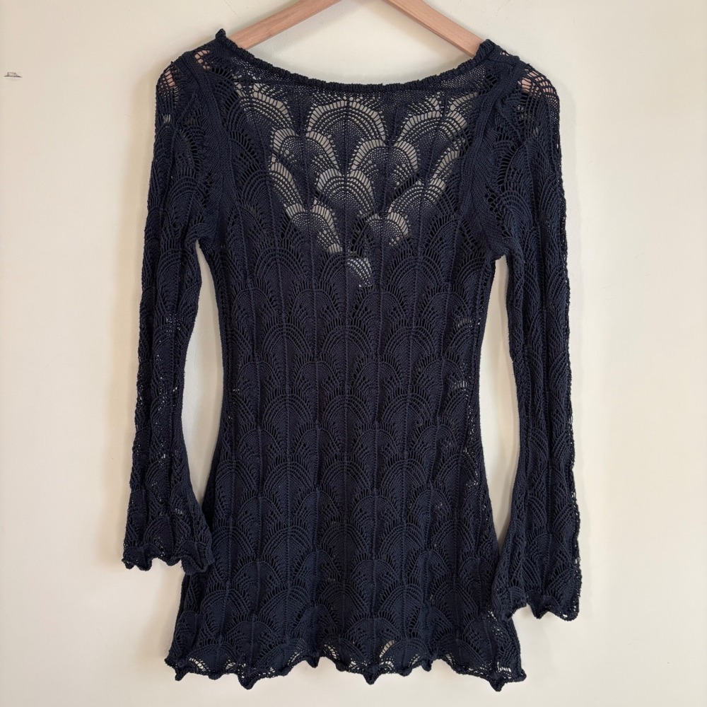 Wild Fable Black Crochet Knit Tunic Top Long Sleeve Scallop Sheer Boho Small